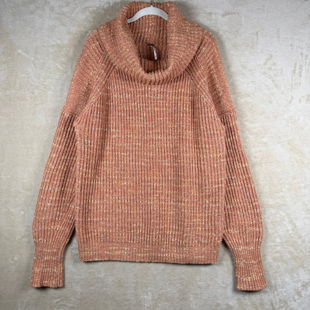Free People Oversized Marled Knit Cowl Neck Sweater‎ Cozy Fall Coral Yellow XS